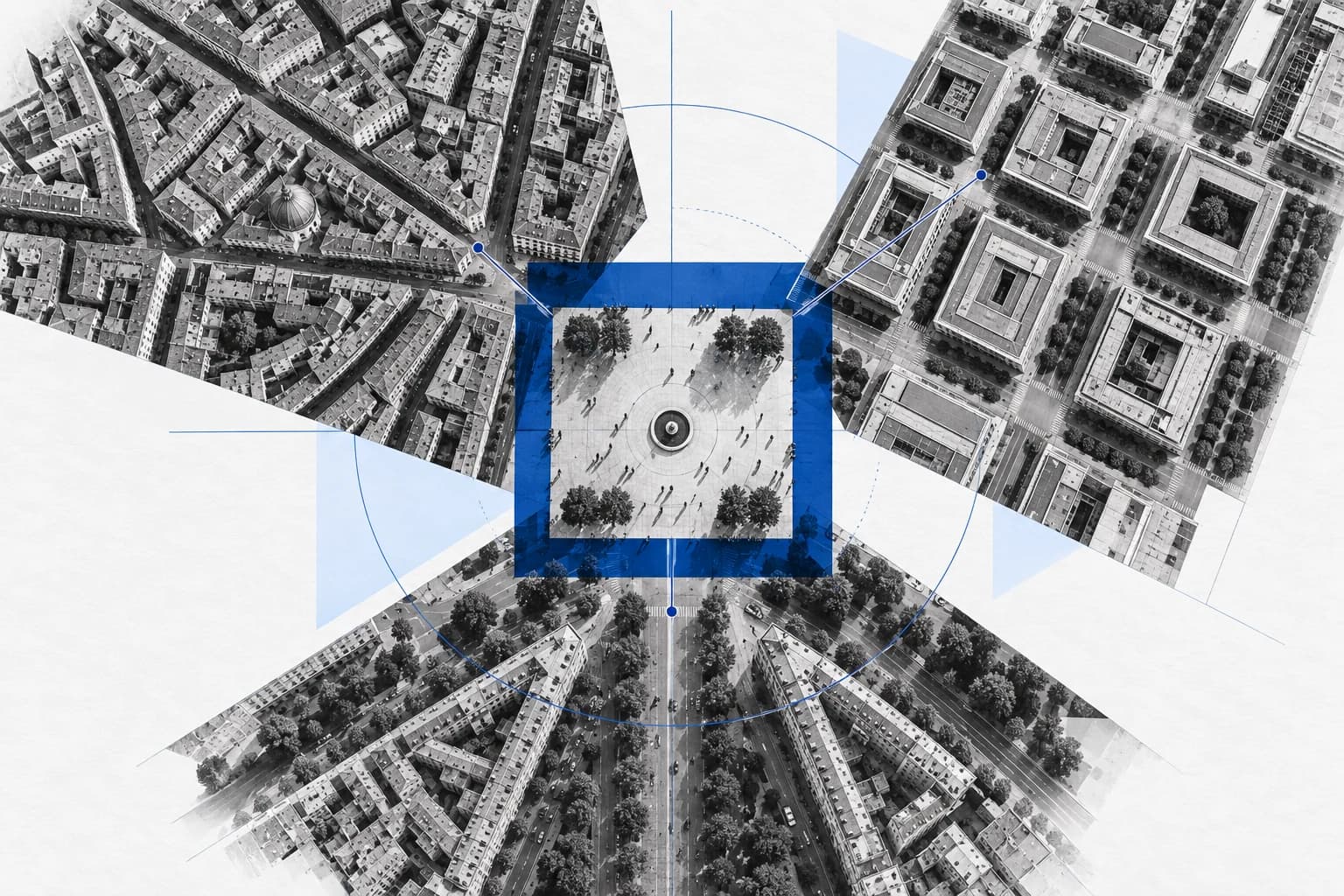 A collage of different city grids brought together around a shared square and blue frame.