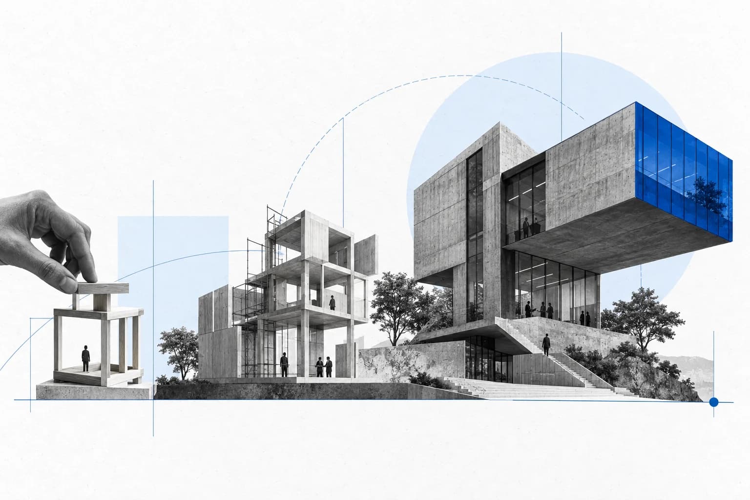 An innovation collage combining a model, modular structure and building with a blue extension.